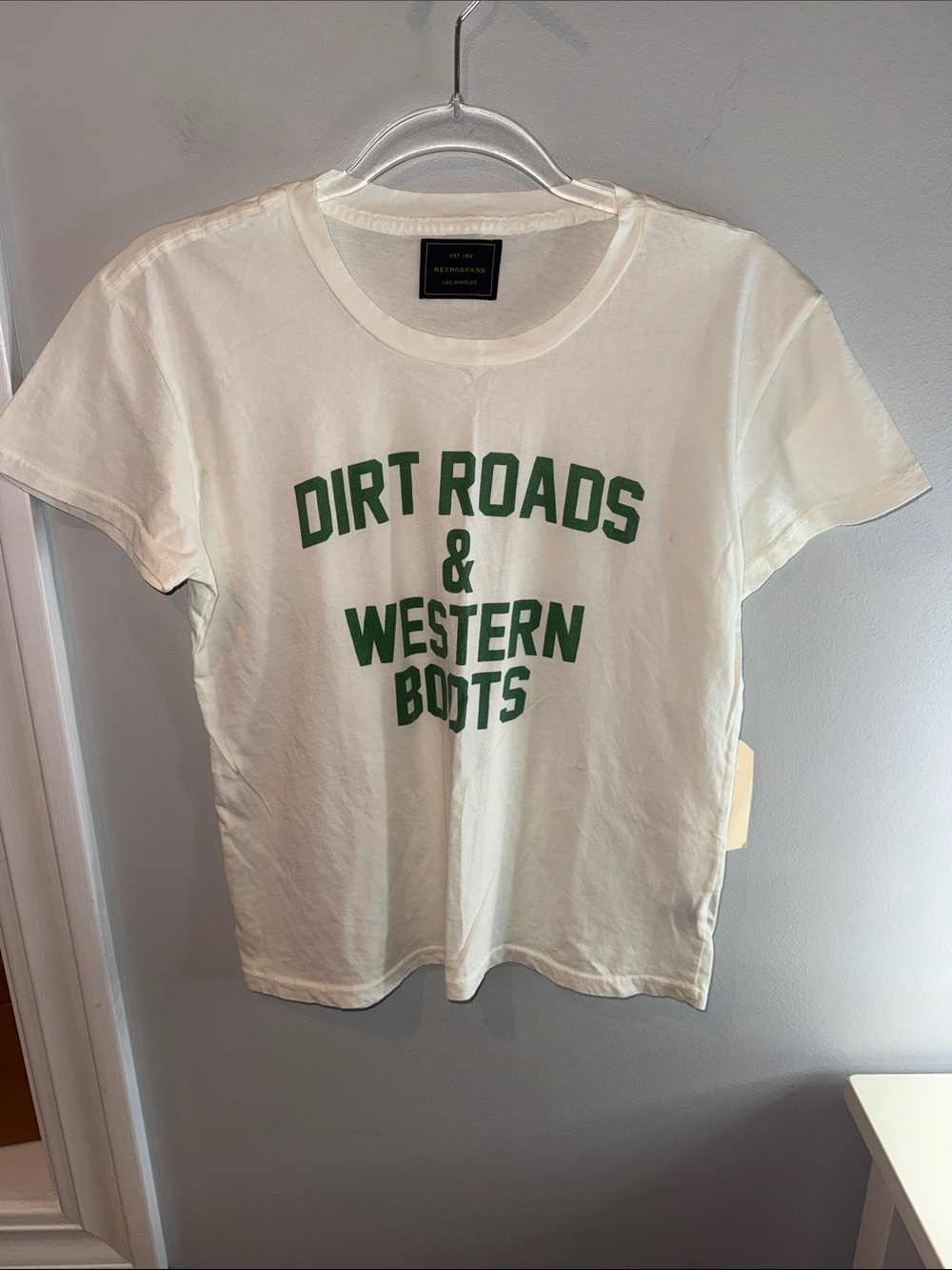 Original Retro Brand White Tee with Green 'Dirt Roads & Western Boots' Graphic